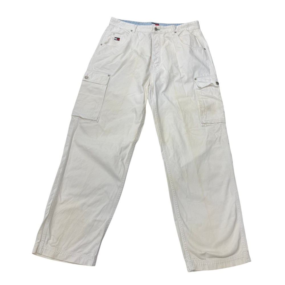 Vintage Tommy Jeans Mens 36x32 White Cargo Pants Button Fly Logo Patch 90s